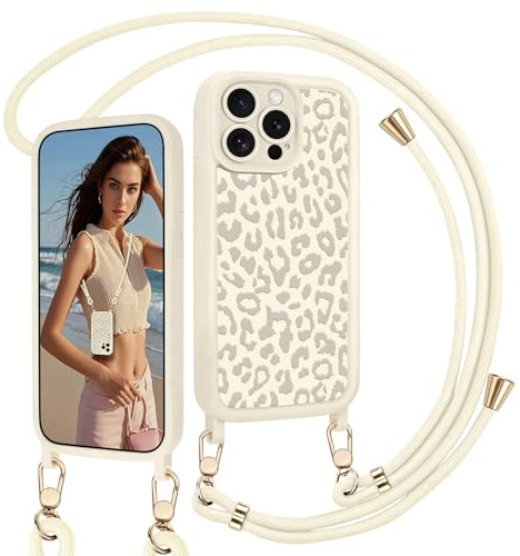 Handyhülle für iPhone 13 Pro Max Hülle mit Band ,Weiß Leopard Muster Schutzhülle mit Handyband Hülle Abnehmbar Kordel Handykette zum Umhängen Stoßfeste Kameraschutz Case für iPhone 13 Pro Max Weiß ,06