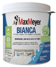 MAXMEYER Bianca Monomano BMB, Pittura per Interni Lavabile, 2 in 1 Fissativo e Pittura, Ottima Copertura, Finitura Opaca, Bianco, 0,75 Litri