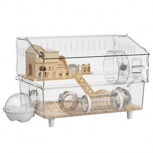 Spacious Transparent Acrylic Large Hamster Cage with Wooden Loft, Escape-Proof Design for Hamsters and Mice, Small Animal Habitat