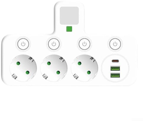 Adaptador europeo multienchufe 1 a 3 con puertos USB, interruptores independientes y luz nocturna, cubo de alimentación ajustable en altura para oficina en casa (blanco)