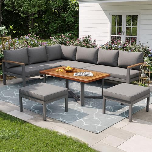 DHHU Salon de Jardin modulable 7-8 Places, 3 canapés 2 Places, 2 fauteuils, Table Plateau Bois, Structure Fer galvanisé antirouille, Pieds réglables,mobilier extérieur terrasse Balcon Jardin