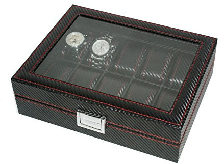 MR Maestro Relojero - Vitrine Uhrenbox für 12 Uhren | Innen Carbon Fiber Kunstleder | Perfekte Geschenkidee | Uhrenrolle, Schmuck Aufbewahrung, Kunstleder Schwarz, Holz.