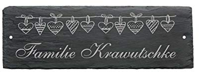 Schild Herzen « IHR WUNSCHNAME » aus Schiefer - ca.22 x 8 cm - Türschild mit Namen und Motiv