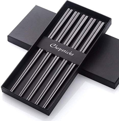 5 paires de Baguettes Noir inox 304 18/10 Réutilisable Métal Creux Forme carree pour Sushi Dîner Set de vaisselle