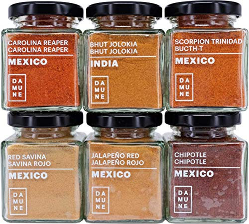 DAMUNE Chilis der Welt: Carolina Reaper Pulver (45g), Bhut Jolokia Pulver (45g) & Scorpion Trinidad Butch T Pulver (45g), Red Savina Pulver - 45g, Chipotle Pulver - 45g, Rote Jalapeño Pulver - 45g