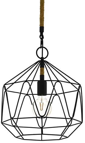EGLO Pendelleuchte Cottingham, 1 flammige Hängelampe Vintage, Industrial, Retro, Hängeleuchte aus Stahl und Naturseil, Esstischlampe, Wohnzimmerlampe hängend in Schwarz, Natur, E27 Fassung, Ø 37 cm