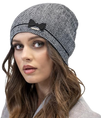 VIVISENCE Damen Mütze Winter Strickmütze Warme Wintermütze Mit Wollzusatz, Universelle Größe, Elegante Mütze Mit Fischgrätenmuster Perfekte Passform Und Komfort Herbst Modell, Schwarz,Einheitsgröße