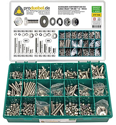 Schrauben-Sortiment - 670-tlg. - Edelstahl A2 – M5 & M6 – DIN 933, 934, 985, 125, 127, 9021 – Sechskantschrauben mit Muttern, Unterlegscheiben & Federringen – Rostfrei in Sortimentsbox