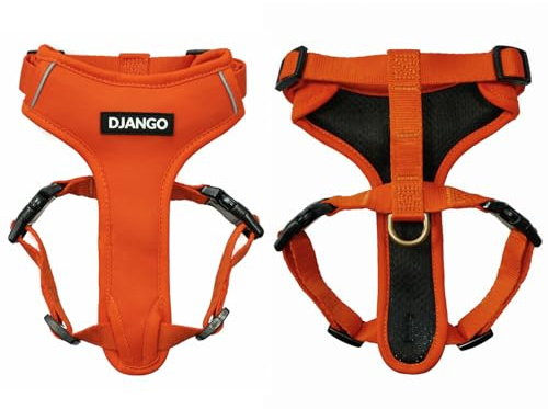 Django Adventure Hundegeschirr, stilvoll, langlebig, Größe M, für Outdoor-Abenteuer und Alltag, orangefarbenes (Sunset Orange) Neopren, verstellbar, mit reflektierendem Rand und Messing-D-Ring