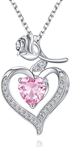 SIMPLGIRL Collier Femmes Amour pour Toujours Cœur Rose Fleur octobre Collier Filles Pierre De Naissance Pendentif Collier Anniversaire Saint Valentin Noël Bijoux Cadeaux