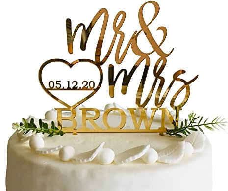 Personalisiert Herr und Frau Hochzeit Kuchen Topper mit Nachname, Hochzeitsdatum und Herz, Mr & Mrs Cake topper Tortenstecker Custom Familienname Hochzeitstorte, Tortentopper, Kuchendeko, Kuchendeckel