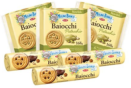 Mulino Bianco - Maxi Mix Baiocchi con Pack Biscotti al Cacao e Pack Biscotti al Pistacchio - 168 g