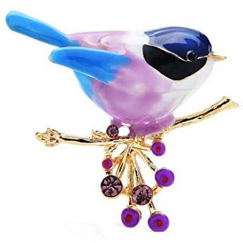 Brosche mit Vogel auf Ast in blau und lila., Edelstahl