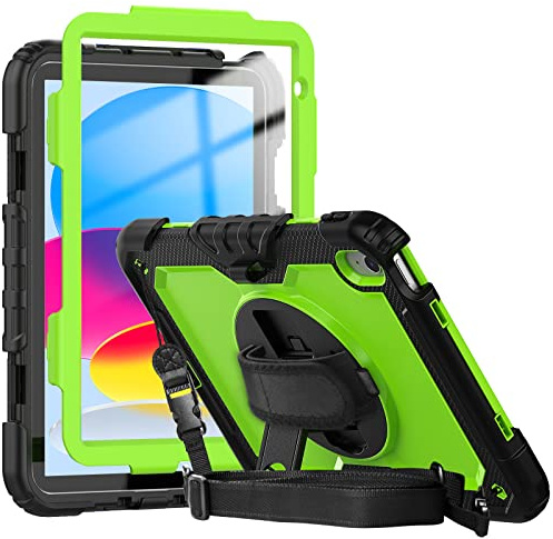 Herize Case Compatible with iPad iPad 11 inch (A16) 2025/10.9 inch (10th Generation) 2022 Aesthetic Green with Screen Protector | Shockproof Cover W/Stand Handle Grip Shoulder Strap