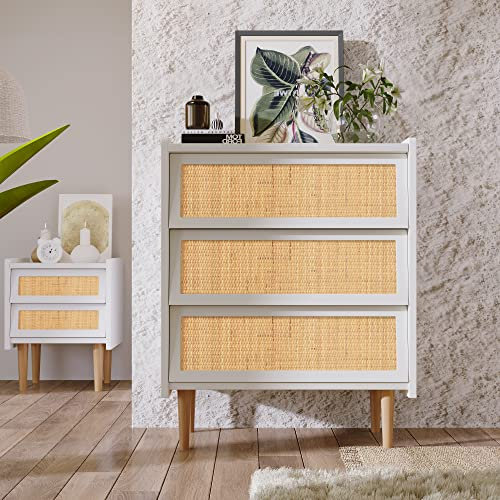 Kayan Schubladenkommode mit 3 Schubladen Kommode mit Rattangeflecht, Sideboard Highboard für Schlafzimmer & alle Wohnräume -Weiß