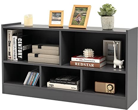 COSTWAY Wooden Cube Bookcase, 2 Tier Open Storage Shelving Unit with 5 Compartments, Freestanding Display Bookshelf for Living Room, Kids Playroom and Study (Grey)