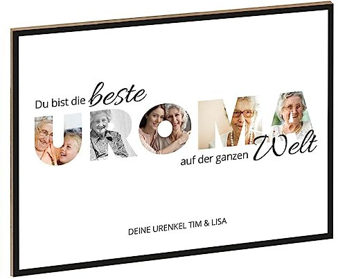 GRAVURZEILE Holzschild mit Foto - Familie Design - Personalisiert mit Namen und eigenen Fotos - Personalisiertes Foto Geschenk zum selbst gestalten für Sie & Ihn - DIN A4 Format - Farbe: Uroma