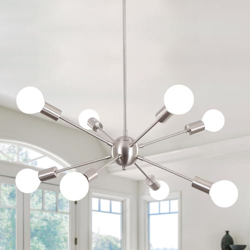 Kronleuchter Modern 8 Flammig Sputnik Lampe, Nickel Deckenlampe Wohnzimmer Hängend, Pendelleuchte Esstisch mit E27 Fassung, Hängelampe Lamape für Wohnzimmer, Küche, Esszimmer, Flur