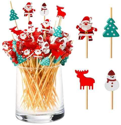 Bekeify 200 Piezas Palillos de Cóctel Madera con Cuatro Patrones Navideños, 12cm Palillos de Dientes de Cóctel para Aperitivo, para Frutas Sándwich de Cóctel Suministros Fiestas de Navidad