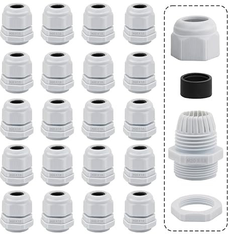 Sanrolax Pack of 20 Waterproof Cable Glands, M20 White, Adjustable Cable Gland with Nut for Attaching Cable Glands for Outdoor Garden Garage Junction Box