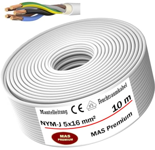 MAS Premium Feuchtraumkabel Stromkabel Mantelleitung Deutscher Marken-Elektrokabel Ring zur Verlegung über, auf, in und unter Putz, in trockenen, feuchten und nassen Räumen (NYM-J 5x16 mm², 10m)
