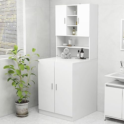 Gecheer Washing Machine Storage Cabinet Bathroom Storage Rack Wooden Laundry Cupboard with Shelves White 70.5x25.5x90 cm