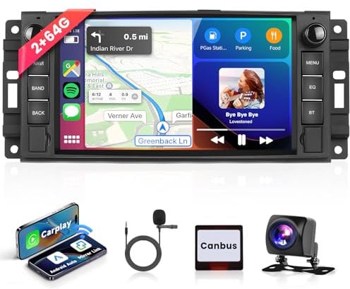 2+64G,Podofo Autoradio Für Jeep/Chevrolet/Chrysler/Dodge Wireless Carplay Android Auto mit Touchscreen 7”,Android Auto Stereo mit AHD Rückfahrkamera GPS Bluetooth RDS/FM Radio/CANBUS