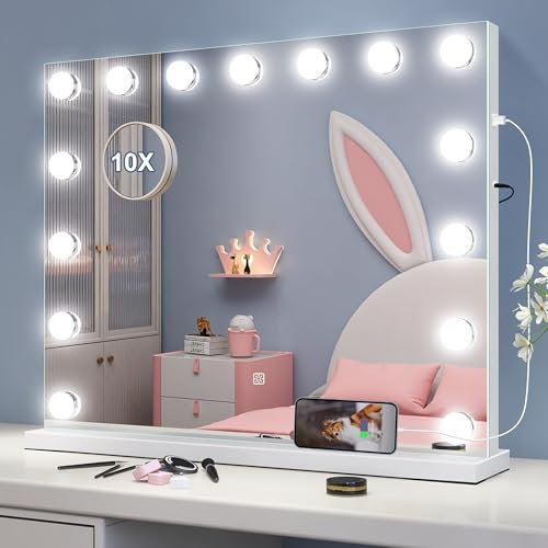S'bagno Espejo-Maquillaje-con-Luz 58x46cm, Hollywood-Espejo-Tocador-LED con Aumento 10X, Puerto USB, 15 Bombillas 3 Colores, Atenuación, Memoria, Soporta Montaje en Pared, Blanco