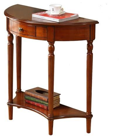 Tavolo Consolle In Legno Massello A Mezzaluna Con Cassetti E Ripiano, Tavolo D'ingresso Semicircolare A 2 Livelli, Elegante Tavolo da Divano Vintage (venatura In Legno Di Ciliegio)(800x350x800mm)