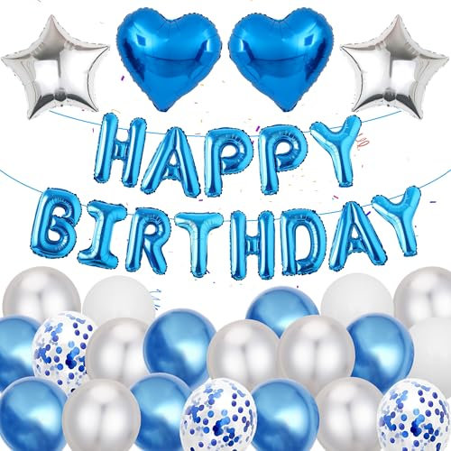 Blau Weiß Geburtstag Dekoration luftballons - 37 Stücke Happy Birthday Folienballons Banner Ballon Girlande Geburtstagsdeko für Jungen Mädchen Frauen Mann Erwachsene Kinder Party Deko