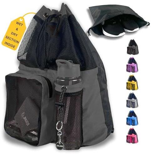 JIMJOOS Bolsa de natación de malla con cordón, bolsa de natación impermeable de 25 L con compartimento húmedo y seco, mochila deportiva multifuncional para niños, adultos, natación, surf, playa,