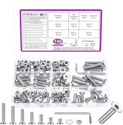 149 STK M6 Schrauben Set, M6 Senkkopfschrauben Set, Flachkopf Innensechskantschrauben Muttern Set, Maschinenschrauben mit Muttern Set, Gewindeschrauben und Muttern Sortiment mit Unterlegscheiben Set