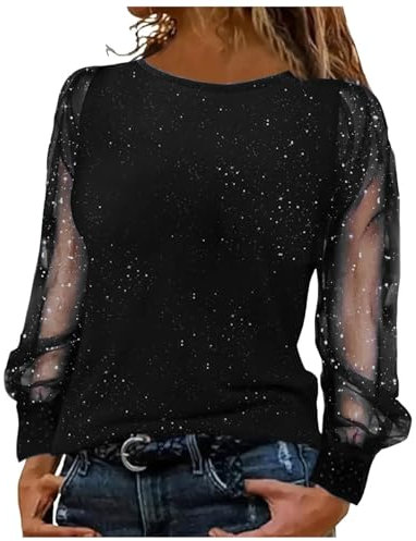 Womens Sparkly Tops See Sheer Long Sleeve Sequin Tops Jumpers Sexy Plain Crew Neck T Shirts Sweatshirts Loose Casual Blouse Dressy Tunic Shirt for Women UK for Women Black