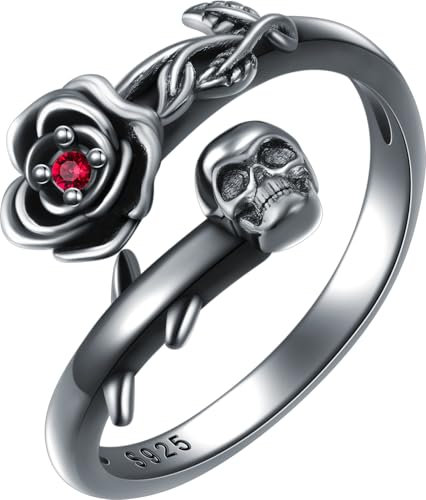 Shusukue Totenkopf Rosen Ring Damen 925 Sterling Silber Gothic Verstellbarer Skull Ring Halloween Totenkopf Schmuck Geschenke für Frauen Mädchen Roter Edelstein