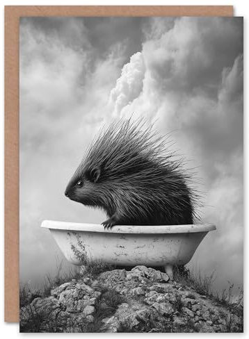 Artery8 Personalised Cute Porcupine in Bathtub Black White Surreal For Him Or Her Art Birthday Card