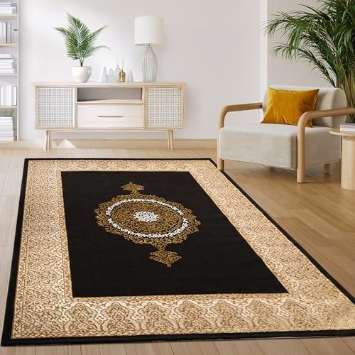 Paco Home Teppich Wohnzimmer Schlafzimmer Kurzflor Vintage Orientalisch Abstraktes Muster Modern Schwarz Gold, Grösse:80x150 cm
