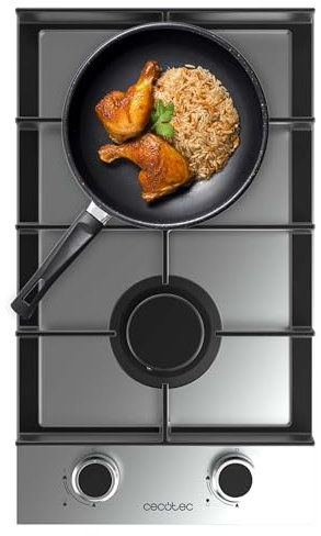 Cecotec Placa de Gas de 2 Fuegos Bolero Squad G 2400F Inox, 5,2kW, Acero Inoxidable, Parrillas Hierro Fundido, Quemador WOK Triple, Encendido Electrónico, Seguridad Válvulas, accesorio conversión