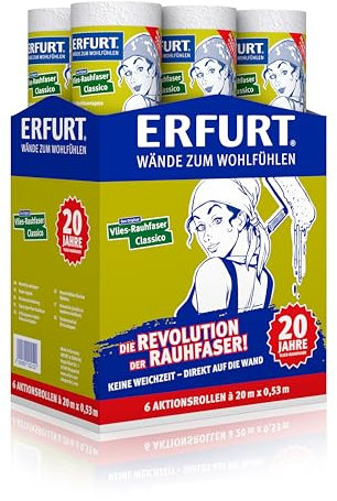 Erfurt 6 Aktionrollen 20 Jahre Vlies-Rauhfaser CLASSICO Weiß Rauhfasertapete weisse Vliestapete mit Struktur Rollen mit Sonderlänge: 20x0,53m