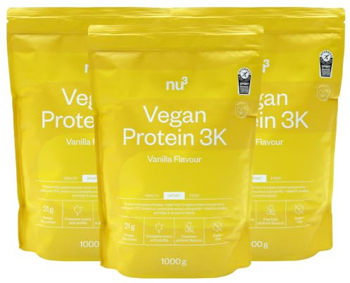 nu3 vegan Protein 3K Vanille 1 kg - Protein-Powder, pflanzlich, laktosefrei, ohne Soja, zuckerarm, gelatinefrei, aspartamfrei, cremig, Eiweißpulver für Muskelaufbau, Training & Alltag - 3x1000 g