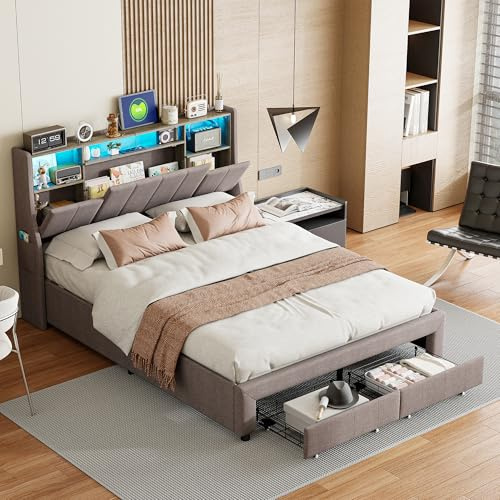 Julyue Bett mit Stauraum 160x200, Polsterbett mit Schubladen & LED Beleuchtung & USB Ladestation, Doppelbett mit Stauraum Kopfteil, Stauraumbett Jugendbett, Leinen, ohne Matratze (Grau-A, 160x200 cm)