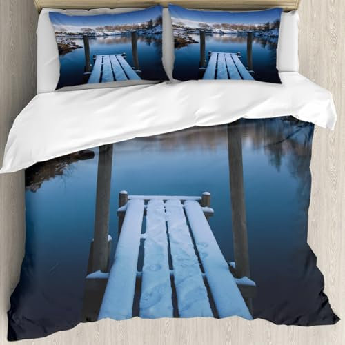 MJNLYDAO Sleeptime 100% Baumwolle Bettwäsche - Bettbezüge mit Reißverschluss - Set mit 2 Kissenbezüge,Kunstfoto von Holzdeck am Ufer eines kleinen Sees im Winter Schweden Frozen Northe,200x228 cm