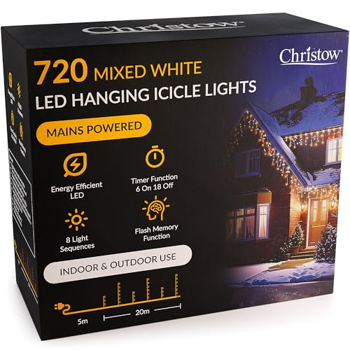 CHRISTOW Hanging Icicle Christmas Lights, Mixed White, 720 LEDs | 5mm LEDs, 30/60cm Drops, 8 Modes, Memory, 6-Hour Timer, Mains Powered, 5m Cable, Indoor/Outdoor Use, 20m Lit Length