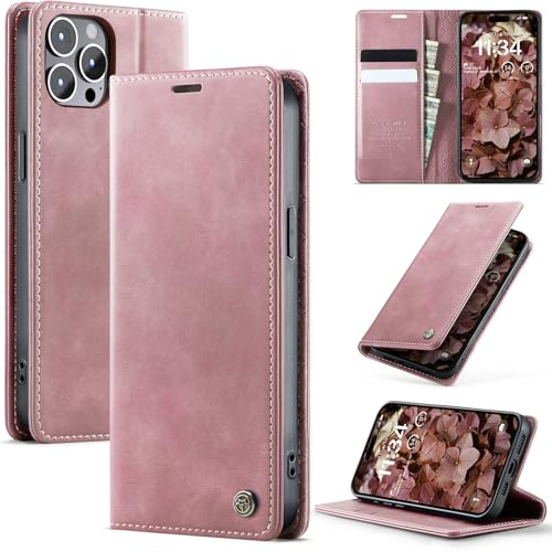 owlhold iPhone 12 Pro Max hülle klapphülle Premium PU Leder, RFID Schutzhülle, Faltbare Ständer, Handytasche Lederhülle Kartenfach Standfunktion Handyhülle iPhone 12 Pro Max - Rosa