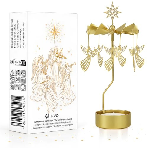 Symphonie der Engel Teelicht-Karussell - Gold, rotierender Kerzenhalter | Filigranes Engel-Karussell aus Metall mit Rotation durch Kerzenwärme – inkl. Teelicht für Advent und Weihnachten