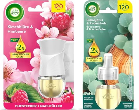 Air Wick Duftstecker Starter-Set Paket inklusive 1 Geräte & 1 x 19ml Kirschblüte & Himbeere Nachfüller & 1 x Eukalyptus & Zedernholz 19ml Nachfüller