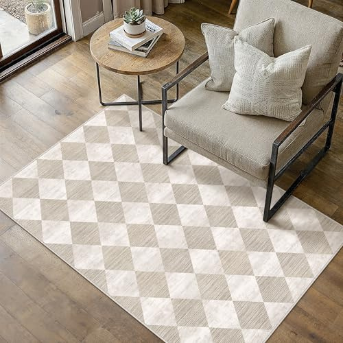 PureCozy Teppich 80x150cm Beige Waschbar Moderne Kariert | Moderner Karo Teppiche,Waschbar,Rutschfest,Weich,Kurzflor,für Wohnzimmer,Schlafzimmer,Esszimmer,Büro
