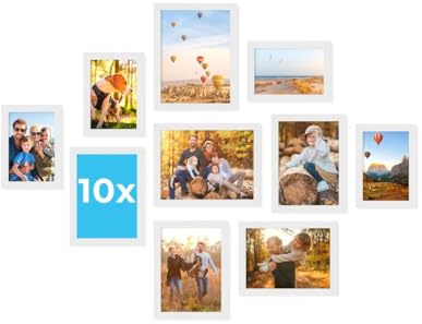 PHOTOLINI Bilderrahmen Set verschiedene Größen, Bilderwand Collage 10 Rahmen Weiß, Bilderrahmen-Set Holz MDF zum Aufstellen & Aufhängen, Acrylglas, photo frames for wall 10x15, 13x18 & 15x20 cm