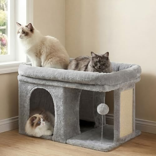 Heybly Kratzbaum, 35 cm Hoher Katzenbaum mit Großem Ruhebett und Gemütlichem Katzenhaus für Erwachsene Katzen, Inklusive Kratzpfosten und Interaktivem Plüschball, Hellgrau HCT203SW
