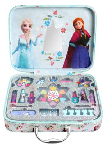 Disney Frozen Make-up Koffer – 30-teiliges Kinder Schminkset mit Spiegel | Mit 5 Lipglossen, 12 Lidschatten, Rouge, Nagellack, Stickern & Zubehör – gepolsterter Beauty-Koffer mit Elsa & Anna