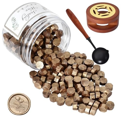 Siegelwachs Perlen Set, Siegelwachs Metallic, 200 Stück Wachsperlen Siegel mit Wachssiegel Ofen und Löffel, Wachs Achteckig Wachssiegel für Siegelst (Bronzegold)